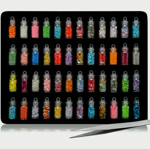 Nail Art Decoration Small Bottles - 48 Bottles with Included Tweezers