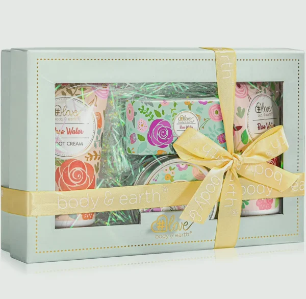 4-Piece Rosewater Lotion Gift Set: Hand and Foot Cream, Bar Soap, Floral Candle - All Skin Care Needs