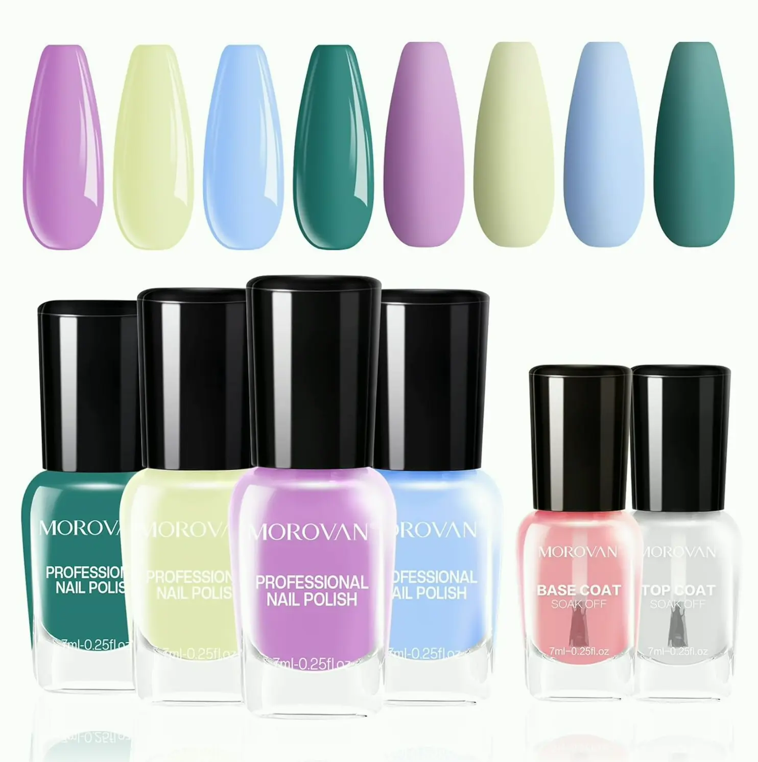 Morovan's Fingernail Polish Set: Quick Dry Macaron Shades w. Foundation & Top Coat
