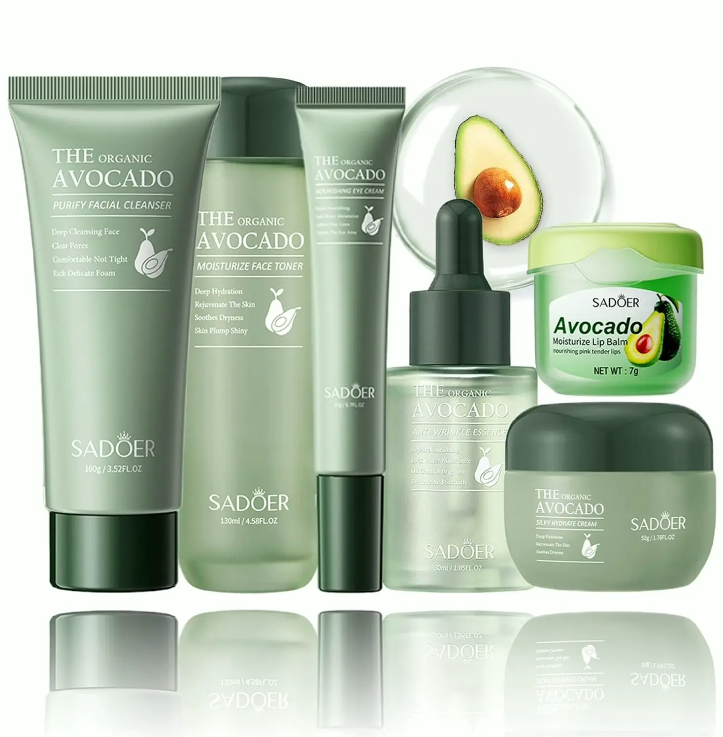 Avocado Skincare Set: 6-in-One Gift Set, Facial Cleanser, Serum, Cream, Eye Gel, Refresh, Lippy Care